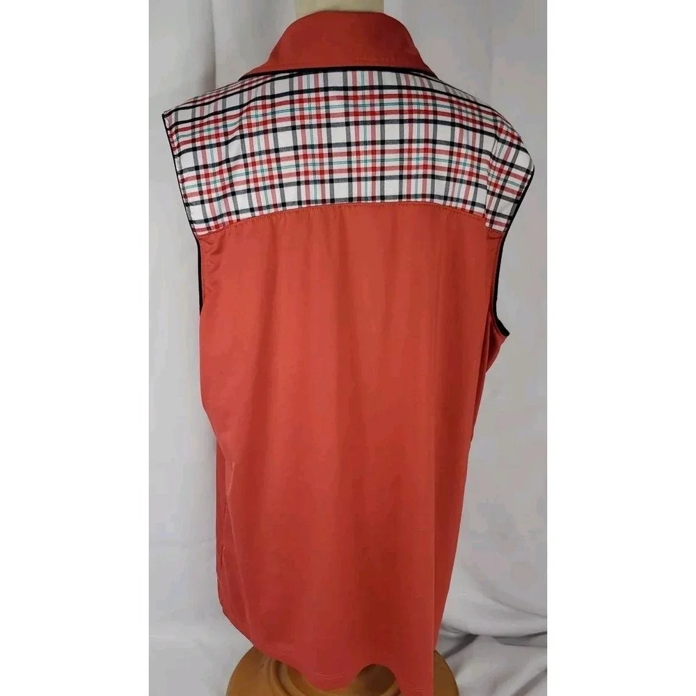 IZOD Golf Womens L Sleeveless Polo Shirt Plaid Trim V Neck Performance‎ Orange